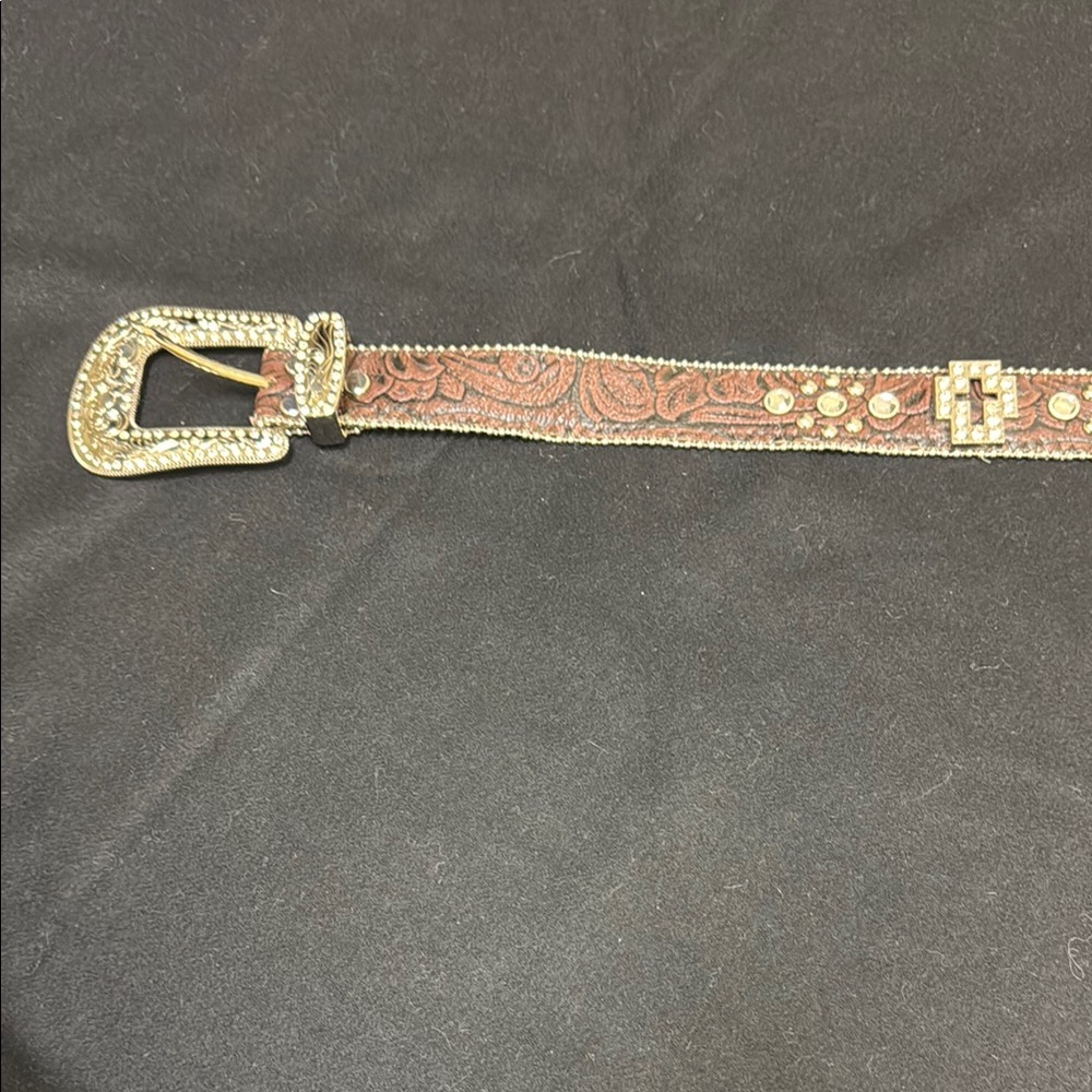 Brown and Silver Leather Belt with Intricate Buckle and rhinestones
